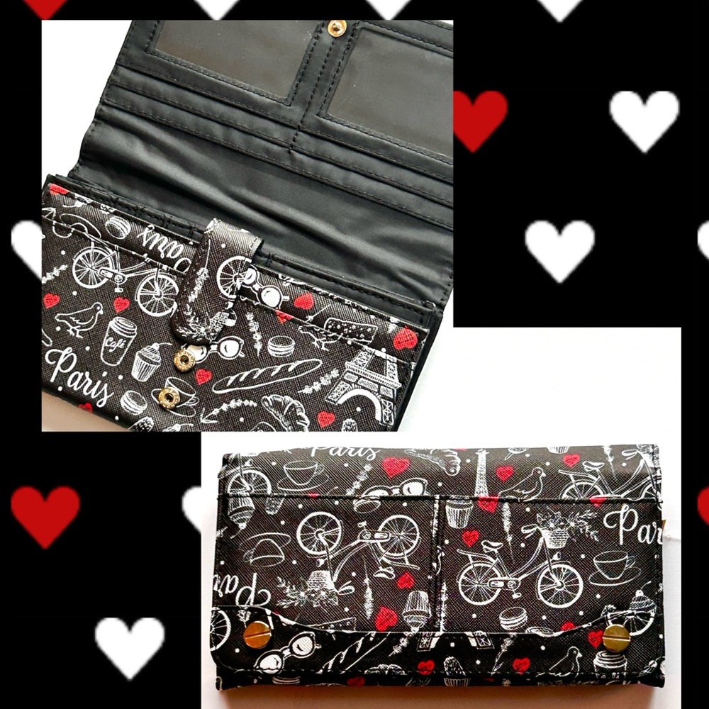 🍒NWT Jane & Berry Paris Print Large Accordion Wallet. Black/White/Red